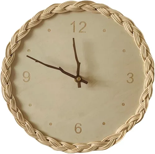 Vista 9 de Garneck Reloj de pared colgante de ratán, reloj silencioso de madera, reloj silencioso para sala de estar, reloj montado en la pared, reloj colgante