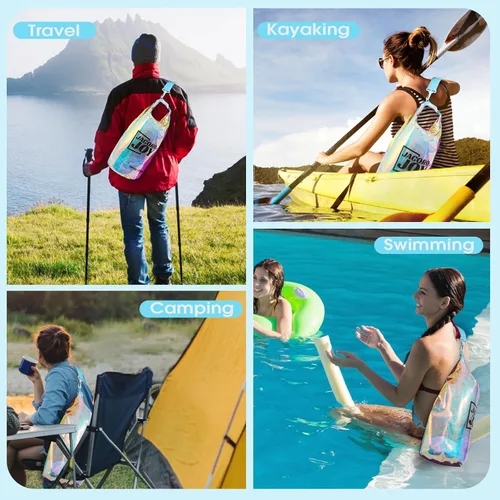 Vista 4 de Bolsa seca iridiscente, bolsa de playa impermeable de 5L Lightweight & durable TPU material, Fashionable vibrant design, Sand-proof &