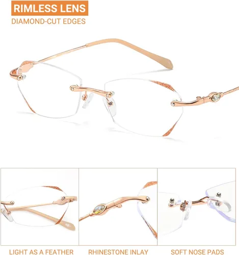Vista 4 de TERAISE Gafas de lectura sin marco para mujer con bloqueo de luz azul, lentes sin montura de corte de diamante de moda