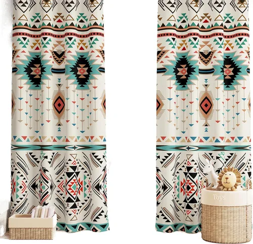 Vista 9 de YCness Cortinas aztecas para dormitorio, decoración geométrica étnica del suroeste para sala de estar, diseño tribal bohemio de elefante nativo