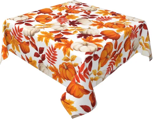 Vista 7 de Thanksgiving Tablecloth Square 52x52 Inch Fall Harvest Autumn Pumpkin Fallen Leaves Maple Leaf Print Decorative Table Cloth Holiday Decorations