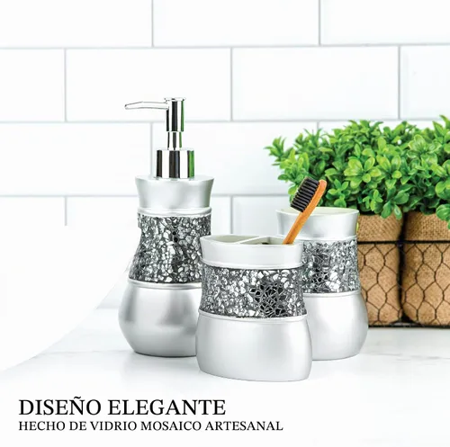 Vista 4 de Juego de accesorios de baño plateado completo de 6 piezas de vidrio agrietado