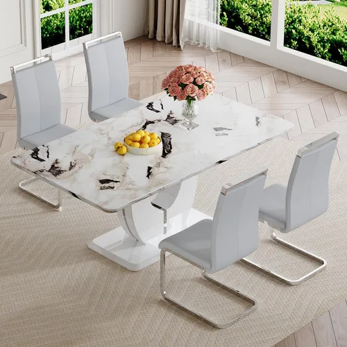 Vista 111 de JUFU Juego de mesa de comedor moderno para 4, juego de mesa de cocina rectangular de 63 pulgadas con mesa de mármol sintético y 4 sillas tapizadas