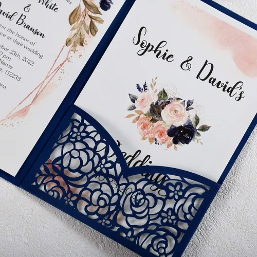 Vista 7 de Juego de 50 invitaciones de boda en blanco azul marino de 4.7 x 7 pulgadas, cortadas con láser, tarjetas de invitación de boda con sobres para boda