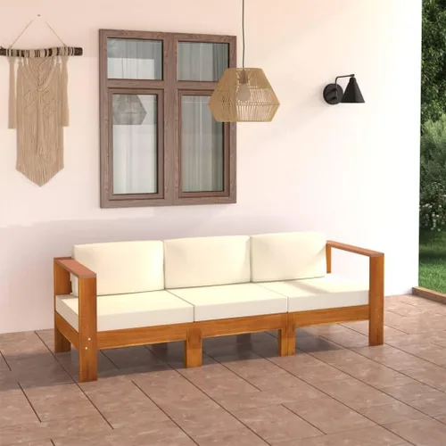 Vista 2 de vidaXL Sofá de patio de 3 plazas de madera de acacia maciza con cojines, juego de salón al aire libre