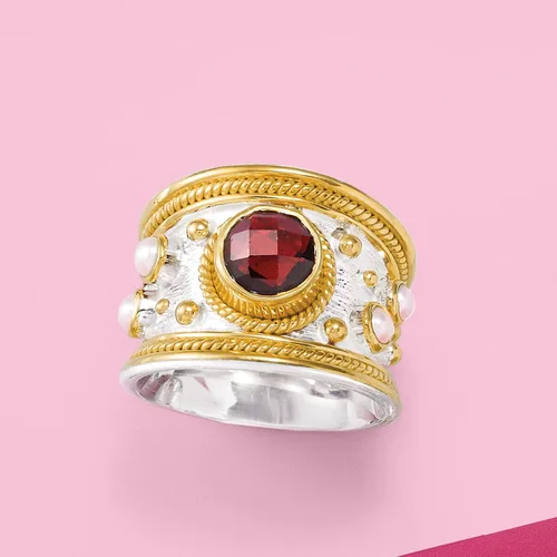 Vista 5 de Ross-Simons 2.20 Carat Garnet and 3mm Cultured Pearl Ring in Sterling Silver and 18kt Gold Over Silver