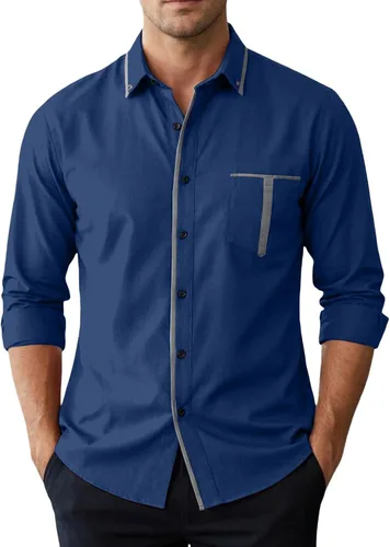 Vista 8 de Camisas de manga larga de algodón vintage para hombre, estilo casual, con botones, cuello en contraste