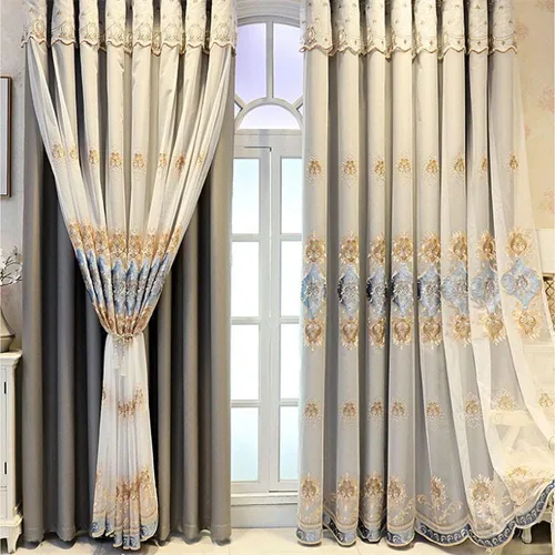 Vista 8 de Amidoudou 1 par de cortinas europeas de doble capa con cortinas transparentes para sala de estar, dormitorio, cortinas opacas bordadas de lujo Beige