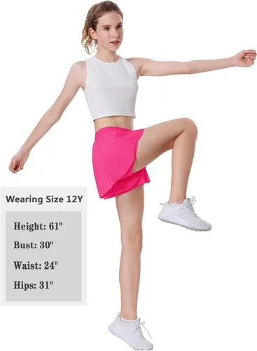 Vista 6 de EXARUS Pantalones cortos de mariposa para niñas, con vuelo, atléticos, 2 en 1, cintura plana con bolsillos, correr, entrenamiento, deportes, gimnasio