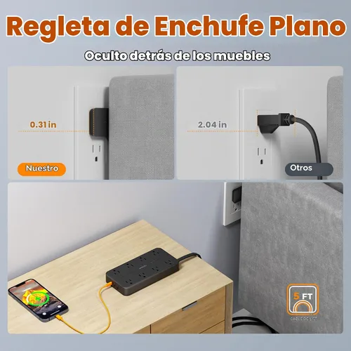 Vista 5 de TESSAN - Protector contra sobretensiones, cable de extensión de enchufe plano de 5 pies Negro