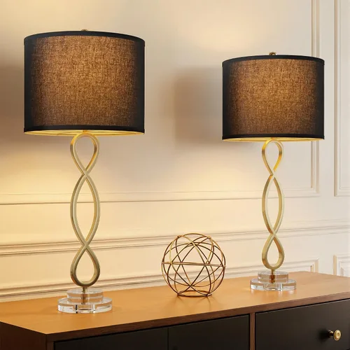 Vista 8 de Maxax Juego de 2 lámparas de mesa de latón dorado de 30 pulgadas para sala de estar, lámpara de noche moderna de cristal con pantalla negra, lámpara