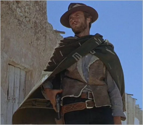 Vista 2 de Sharpshooter Clint Eastwood Spaghetti Western Original Pattern 100% lana Poncho con sombrero de cuero