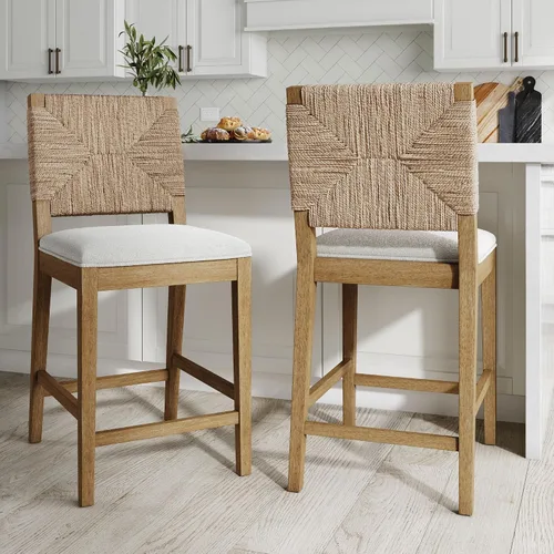 Vista 13 de Nathan James Beacon Taburete de bar bohemio con respaldo, de altura de bar, silla para isla de cocina, taburete de bar de seagrass, bouclé