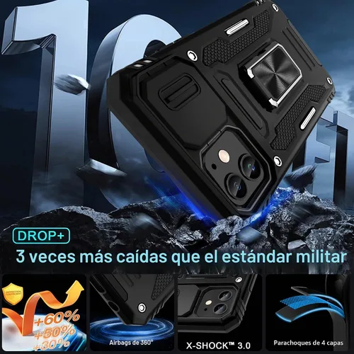 Vista 4 de DEERLAMN Funda para iPhone 12/12 Pro con cubierta deslizante para cámara + protector de pantalla (2 unidades), soporte de anillo giratorio de grado