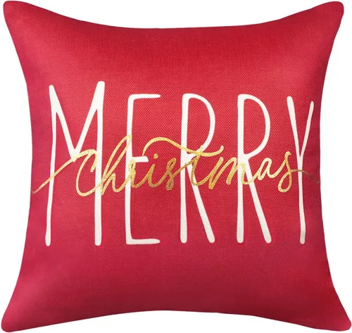 Vista 8 de ONWAY Funda de almohada de Navidad de 16 x 16 pulgadas, funda de almohada lumbar con texto en inglés "Merry Christmas", color rojo dorado