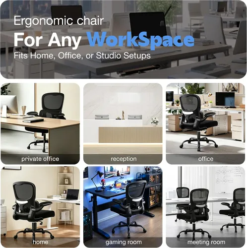 Vista 3 de ALLGOD Silla de oficina ergonómica, silla de escritorio ergonómica de malla transpirable con soporte lumbar ajustable, reposabrazos abatibles
