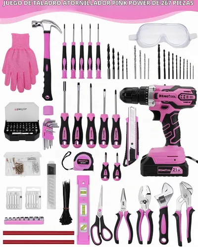 Vista 2 de KingTool - Juego de herramientas de 267 piezas - Juego de herramientas rosa con taladro inalámbrico de 21 V, juego de herramientas para mujeres
