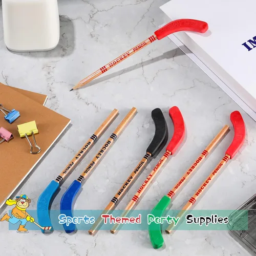 Vista 3 de Geyee 18 lápices de hockey y borradores, lápices de palo de hockey para niños, decoraciones de fiesta temática deportiva para fanáticos