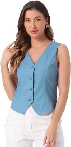 Vista 10 de Allegra K Chaleco para mujer, de verano, algodón, lino, sin mangas, con botones, cuello en V, totalmente forrado, chalecos recortados Negro
