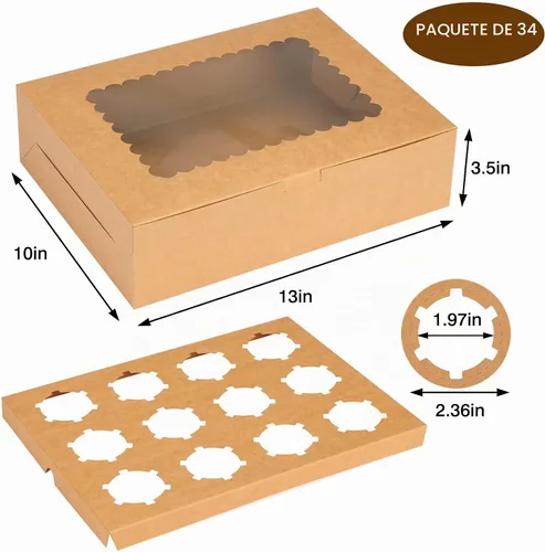 Vista 2 de Moretoes 34 juegos de cajas para cupcakes, capacidad para 12 cupcakes cada una, recipientes marrones con ventana e insertos, 13 x 10 x 3.5 pulgadas