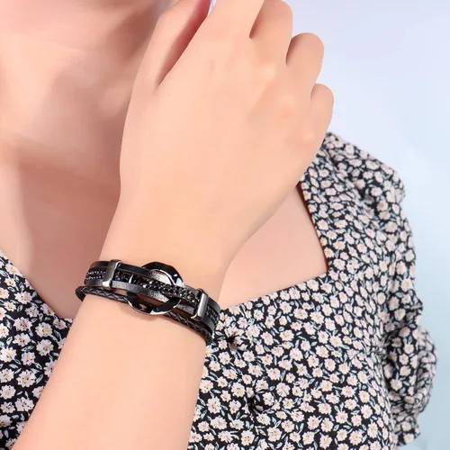 Vista 2 de Pulseras de cuero con diamantes de imitación, estilo bohemio, trenzadas Negro