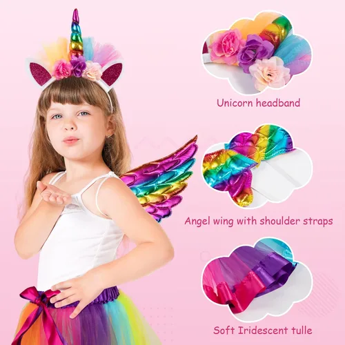 Vista 5 de Jasmine Conjunto de disfraz de 3 piezas de tul en capas con tutú de arcoíris para niña, diadema de unicornio y alas de arcoíris