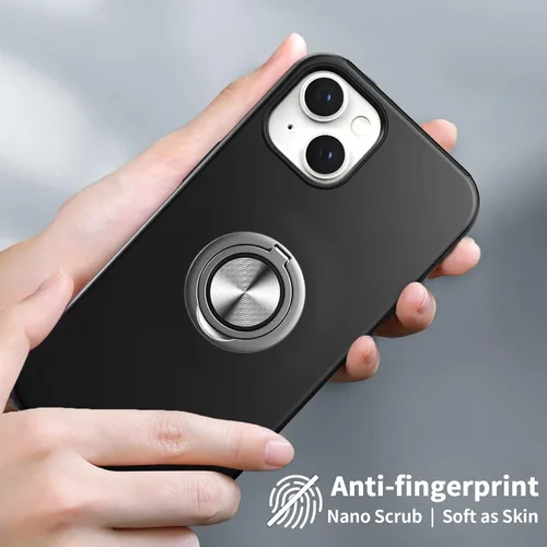 Vista 5 de Funda compatible con iPhone 15 con protector de pantalla de vidrio templado, resistente funda protectora delgada 2 en 1 con soporte de anillo Negro