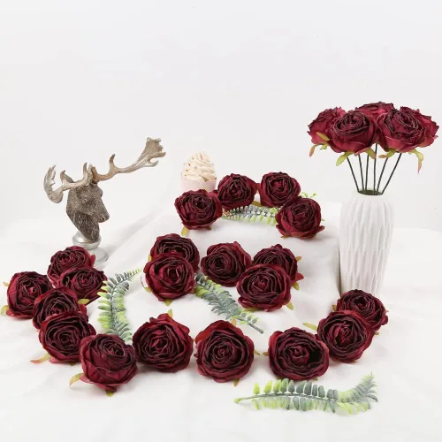 Vista 2 de IPOPU 25 cabezas de rosas artificiales, 25 cabezas de flores de seda secas a granel, flores de seda burdeos para ramo artificial, cabezas de flores