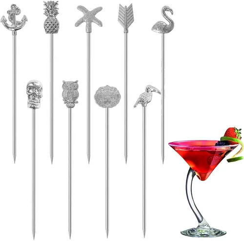 Vista 9 de Juego de 9 palillos de cóctel de Martini reutilizables de aceituna para adornar brochetas de frutas (plata antigua)