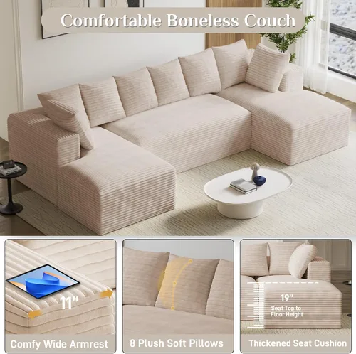 Vista 3 de ONEMMLION - Sofá grande sin hueso de 131 pulgadas con diván, color beige Corduroy, U-Shaped Modular Sectional Couch for Living Room, Memory Foam