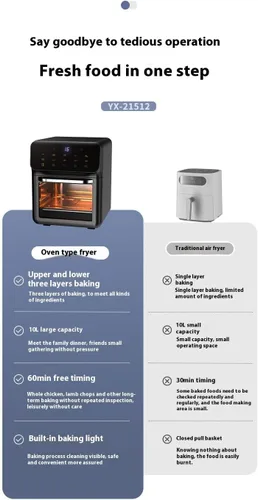 Vista 3 de Freidora de aire digital con pantalla LED, horno de encimera de cocina multifunción, control táctil inteligente