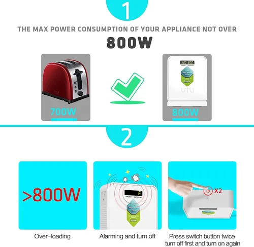 Vista 2 de UMI Convertidor de Voltaje Reductor de 800 Vatios 220V a 110V para Electrodomésticos de EE.UU. Canadá Japón para Uso en Europa y Asia Sistema