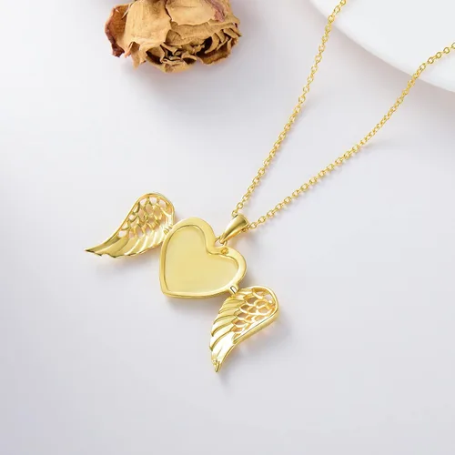 Vista 3 de SOULMEET Collar con medallón de corazón de ala de ángel que sostiene foto con colgante de medallón con texto en inglés "You Are My Angel", plata