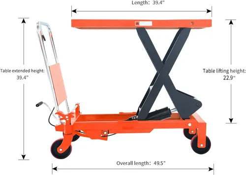 Vista 3 de Tory Carrier - Tijera hidráulica de capacidad de 1760 libras, carrito de mesa elevadora de 39.4 pulgadas, altura de elevación, mesa de elevación