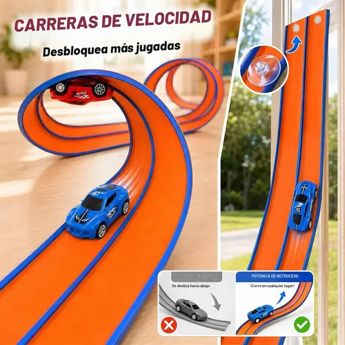 Vista 3 de 15FT Race Track, 2 High-Speed Pull Back Cars, Fits Hot Wheels Cars 15FT flexible double-lane track with 2 suction cups and 2 high-speed pull-back