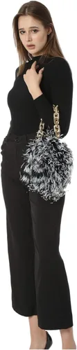 Vista 2 de Mini bolso de mano de plumas de avestruz para mujer con cadena de oro grande para fiesta, felpa esponjosa y lujosa, Punta blanca y negra