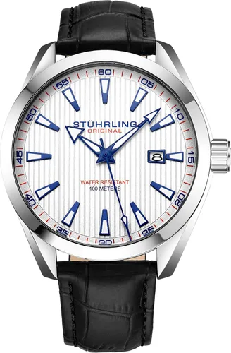 Vista 5 de Stuhrling Original Reloj de vestir para hombre, esfera analógica con fecha, banda de cuero de becerro