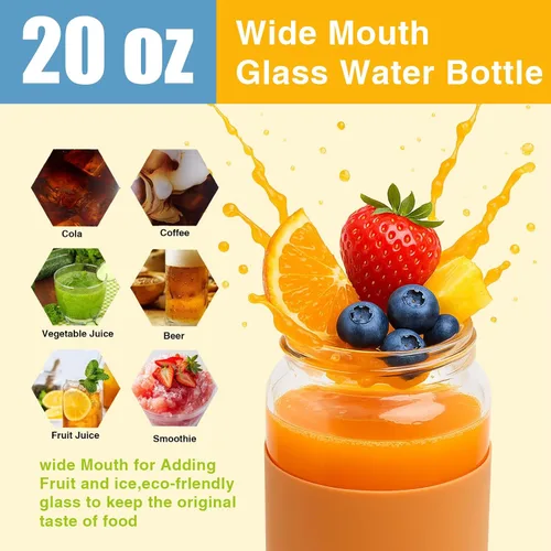 Vista 5 de Tronco Botellas de agua de vidrio de 20 onzas con tapas, botellas de vidrio de borosilicato reutilizables con tapa de bambú y funda de silicona