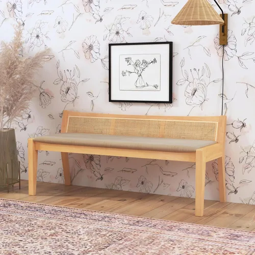 Vista 6 de Powell Kasi - Banco de caña de respaldo bajo natural con asiento tapizado beige