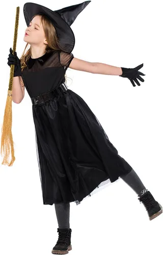 Vista 3 de FANCYINN Halloween Witch Costume for Girl Black Gauze Crazy Cosplay Costume Pretend Play Dress Up Deluxe Set with Hat 2-13T