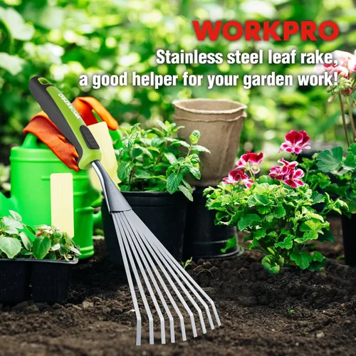 Vista 8 de WORKPRO Rastrillo de mano de 16", rastrillo de jardín de acero inoxidable resistente con mango suave, pequeña herramienta de mano de jardín