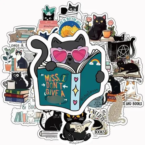 Vista 13 de 110 calcomanías holográficas de gato negro, divertidas y lindas calcomanías de vinilo de gato vacío, calcomanías impermeables con brillo de arcoíris