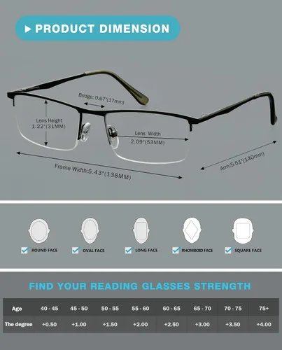 Vista 5 de Gafas de lectura de metal para hombre, paquete de 3 lectores de media llanta +0.50
