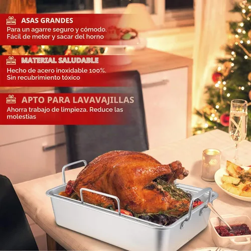 Vista 7 de P&P CHEF Bandeja Asadora de 14 pulgadas con rejilla para hornear y rejilla en forma de V, bandeja rectangular de acero inoxidable para lasaña