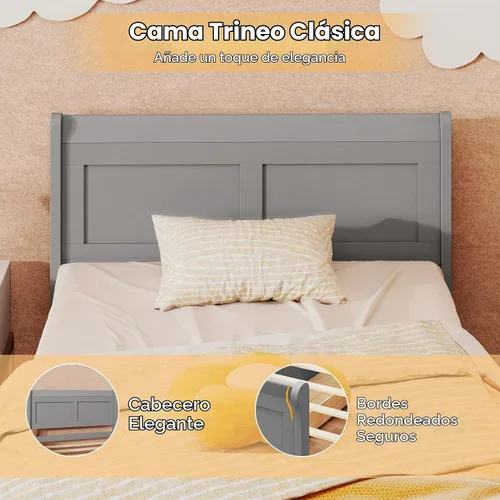 Vista 8 de KOMFOTT 2 camas individuales con 2 cajones, cama de almacenamiento individual con cabecero para dormitorio, marco de cama de madera de trineo