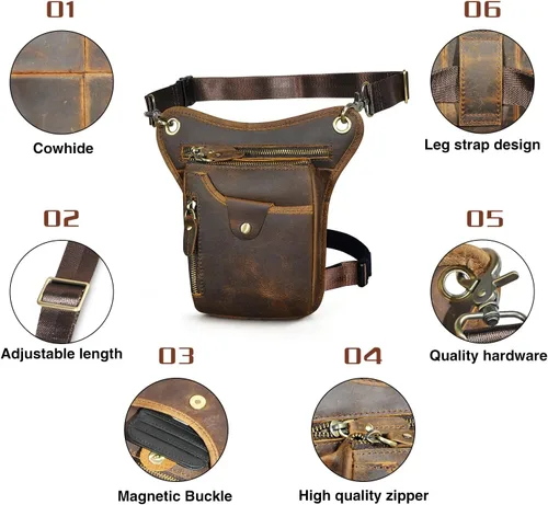 Vista 5 de Handadsume Riñonera de lona resistente al agua + cuero para motocicleta, riñonera de un hombro para hombres y mujeres FB211-6, 100% Cuero