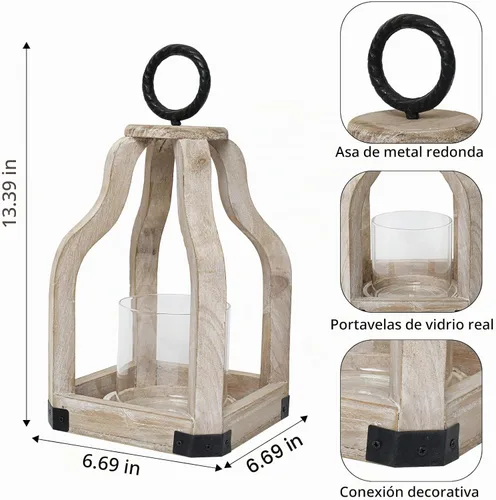 Vista 4 de SWALLOWLIVING Farol Huracán de Madera Rústica de Granja de 13" con Portavelas de Vidrio para Patio, Centro de Mesa, Lavado en Blanco