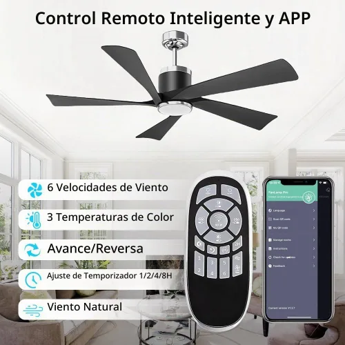 Vista 8 de TXCSLY - Ventilador de techo negro moderno de 52 pulgadas con luz y control