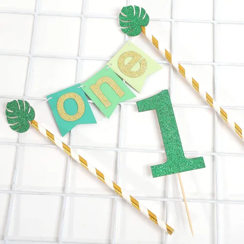 Vista 9 de Wild One Jungle Safari - Decoración para pastel de primer cumpleaños, purpurina dorada y verde, accesorios para tartas