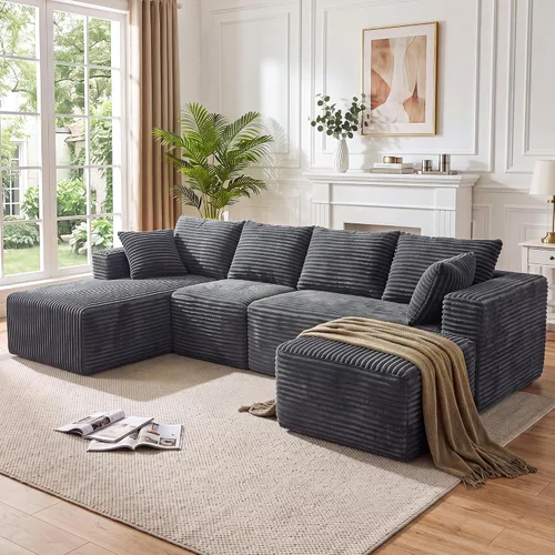 Vista 21 de Sofá modular en forma de L para sala de estar, sofá modular sin huesos con diván, sofá de pana con asiento profundo, no requiere montaje, negro